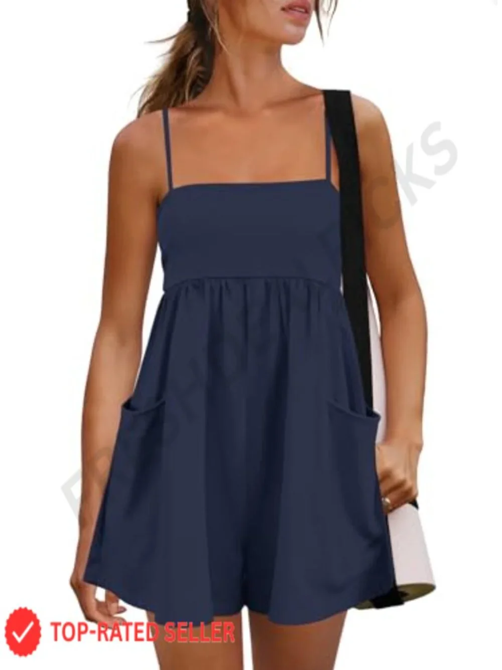 Cotton Blend Sleeveless Romper Square Neck Short Jumpsuit with Pockets Summer